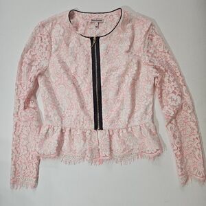Juicy Couture Blouse Womens 2 Black Pink Lace Overlay 3/4 Zip Y2K Cottagecore
